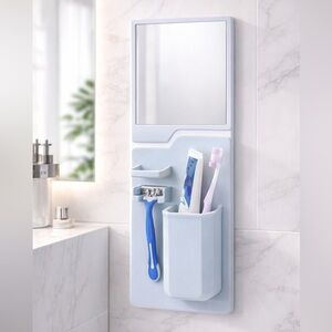 Minimalist Wall-Mounted Bathroom Organizer w/ Mirror – Modern Storage 🤍